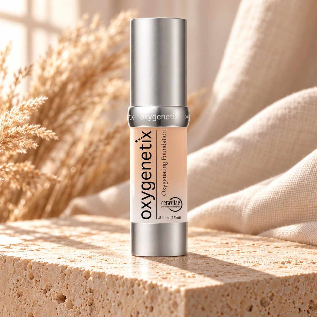 Oxygenetix Oxygenating Foundation bottle on a travertine block in morning light